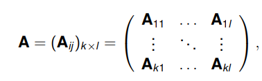 <p>Výsledná matice typu m × (n1 + n2 ) získaná spojením dvou matic. Značíme ji (A, B) nebo (A | B). Podobně lze postupovat u matice se stejným počtem sloupců. Všeobecným zápisem tak můžeme dostat větší systémy matic zapsané ve tvaru: A = (A<sub>ij</sub>)<sub>k×l, </sub>přicemž jednotlivé bloky A<sub>ij</sub> jsou matice nad X rozměrů mi × nj , kde (m<sub>1</sub>, . . . , m<sub>k</sub> ), (n<sub>1</sub>, . . . , n<sub>l</sub>) jsou nejaké konečné posloupnosti přirozených čísel.</p>