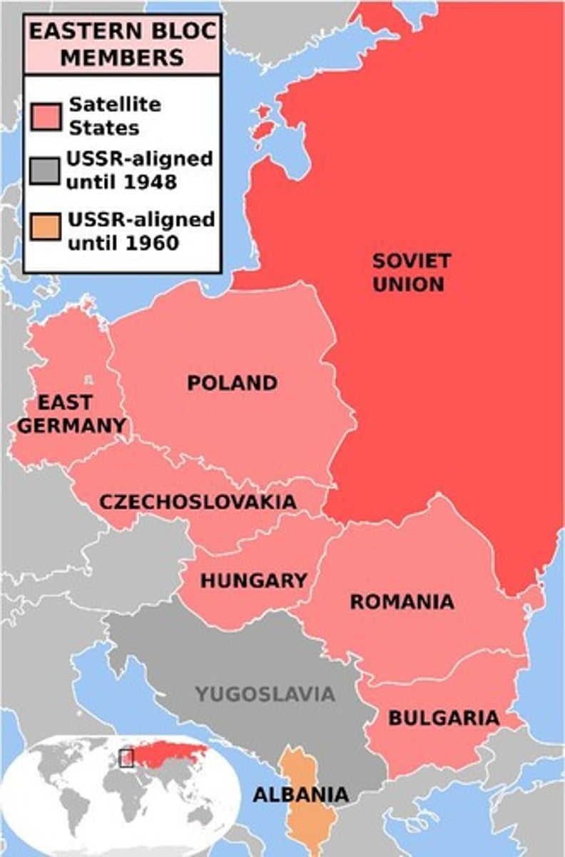 <p>Countries in Eastern Europe that were controlled by the Soviet Union. Although they had their own governments, they followed Soviet political and economic policies. These countries acted as a buffer zone between the Soviet Union and Western Europe.</p>