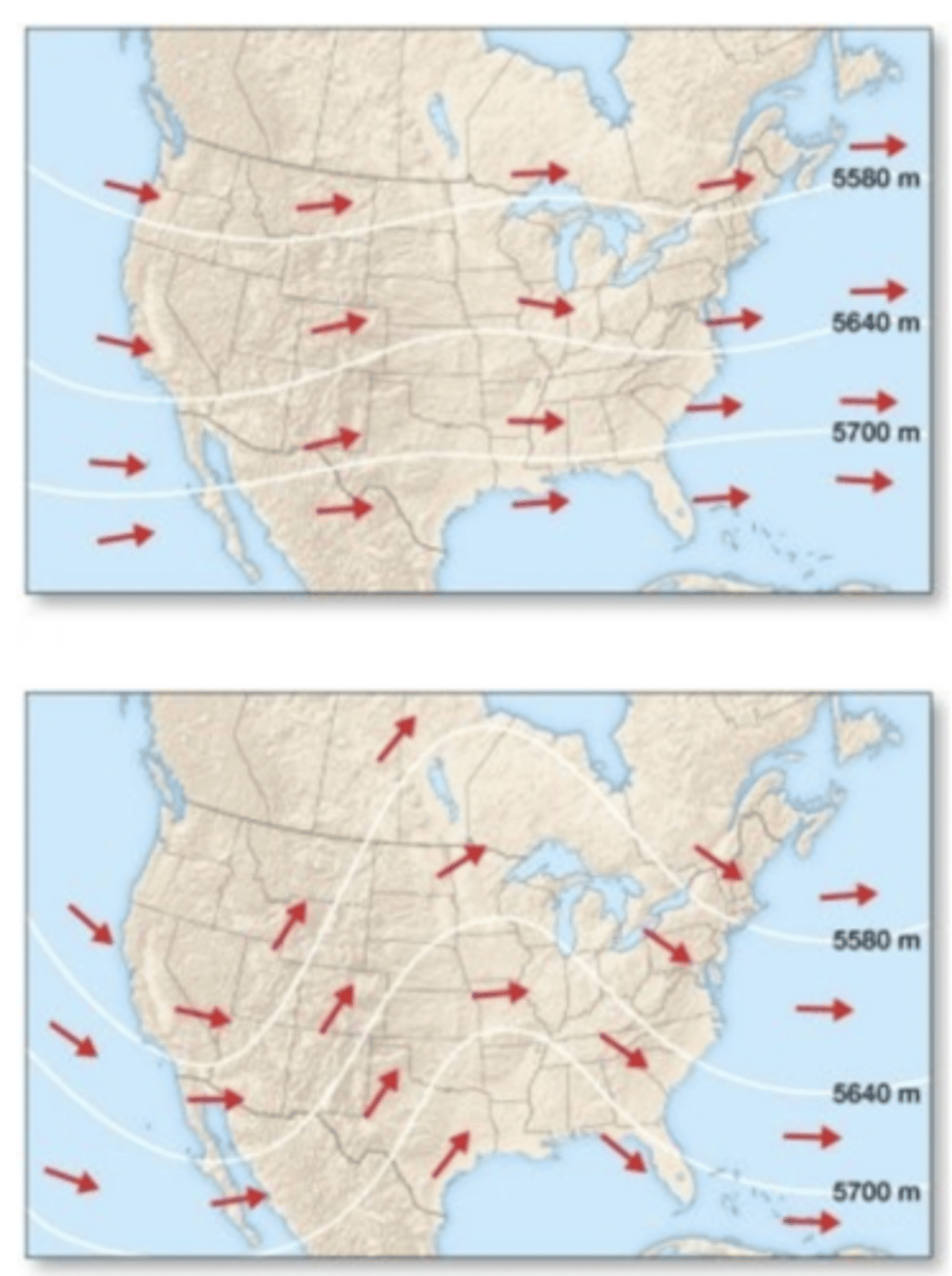 <p>The bottom pattern is associated with a middle-latitude cyclone due to its areas of convergence, divergence and temperature advection.</p>