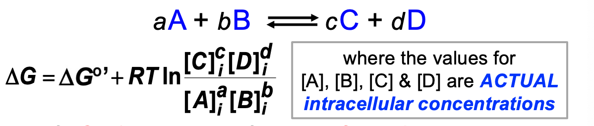 if DeltaG<0 the reaction favors the forward reaction

if DeltaG=0 the reaction is at equilibrium

if DeltaG>0 the reaction favors reverse reaction

different cells can have different values for DeltaG