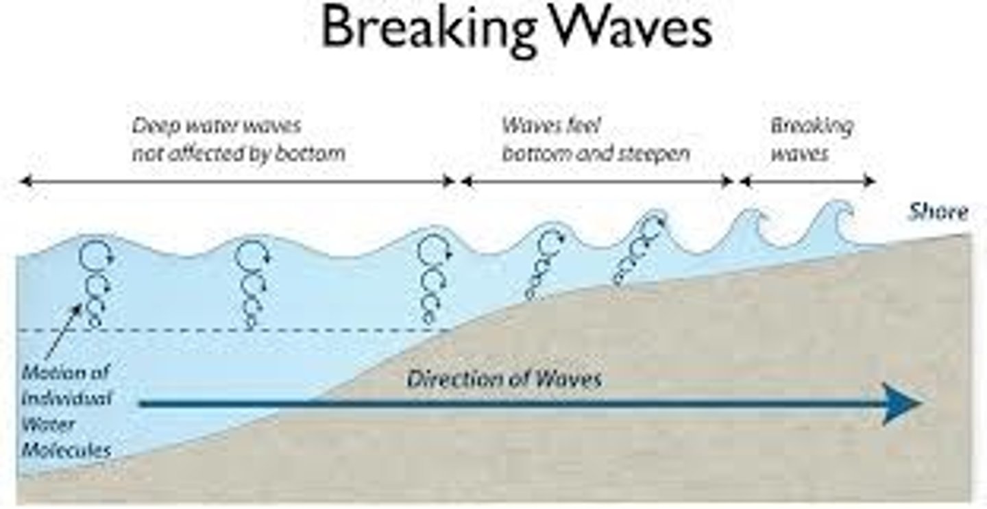 <p>1) There is high friction with the wind and surface of the sea causing ripples</p><p>2) Waves start out at sea and have a circular orbit (eddy current). As you get shallower, friction with the seabed slows the base of the wave, but the top is moving fast, so the wave arches over and the orbit becomes elliptical</p><p>3) The wave then breaks over and plunges onto the beach</p>