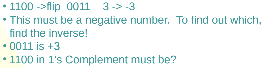 <p>Archaic</p><ul><li><p>Negation of the positive signed numbers, inverting all bits on the positive unsigned version of that number</p></li><li><p> Wastes a bit value because there is a positive and negative zero with this system.</p></li><li><p>The top bit is the MSB or “sign bit”</p><ul><li><p>All other bits are magnitude.</p></li></ul></li></ul><p></p>