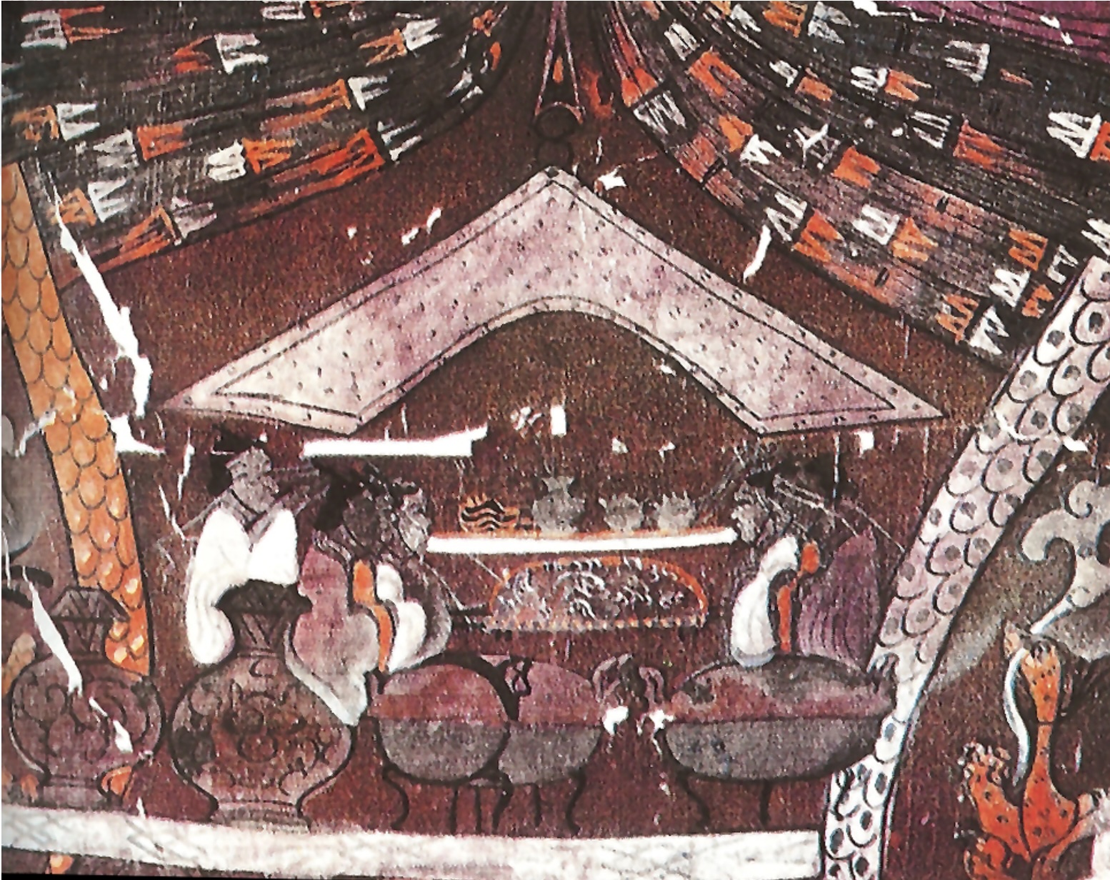 <p>Lower section of the banner: offerings and ceremonies devoted to Lady Dai's body soul (po 魄) by mourners.</p><p>Deity of the earth carries the foundation of the tomb</p>