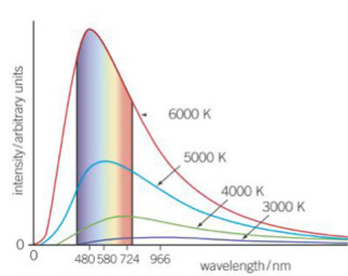 <p>- emits a continuous spectrum of EM radiation</p><p>- The graph shows the intensity of each different λ emitted by the star</p><p>- at the peak occurs λmax</p><p>- λmax is the λ the star emits at maximum intensity</p><p>- Wein's displacement law is that λmax ∝ 1/T</p><p>- where T is the surface temperature of the star</p><p>- This means that decreasing the temperature of the surface of the star will shift graph right as λmax increases</p><p>- The peak intensity also drops as there is less total radiant power at a lower temp</p><p>- the opposite happens at a higher temp</p><p>- we can use this graph to estimate the surface temp of a star</p>