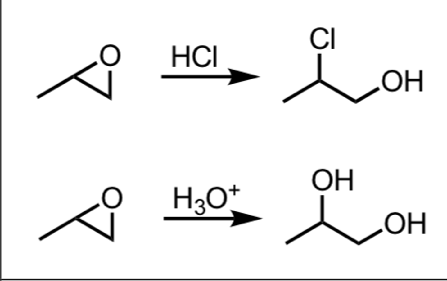 <p>Epoxide -&gt; SN2 w/ HX/ether (halogen attaches to primary C) trans and under mild acidity</p>