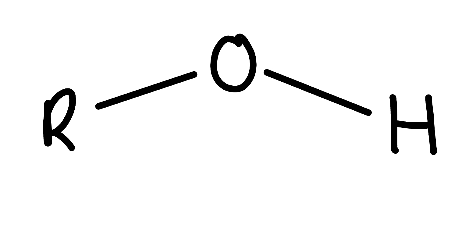 <p>single O attached to H and an r group</p>