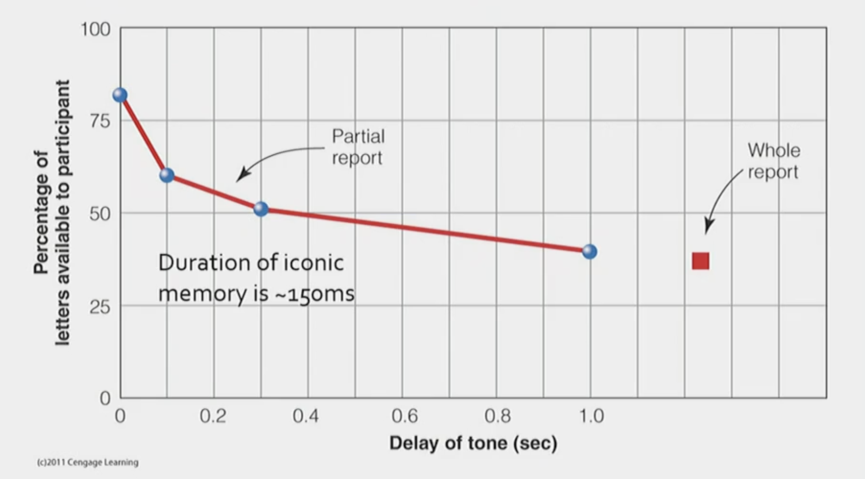 <ul><li><p>we forget most of of our iconic memory within the first 200 miliseconds </p></li><li><p>accuracy of participants’ memory of the letters decreased as time increased </p></li><li><p>iconic memory was gone by 1 second</p></li></ul><p></p>