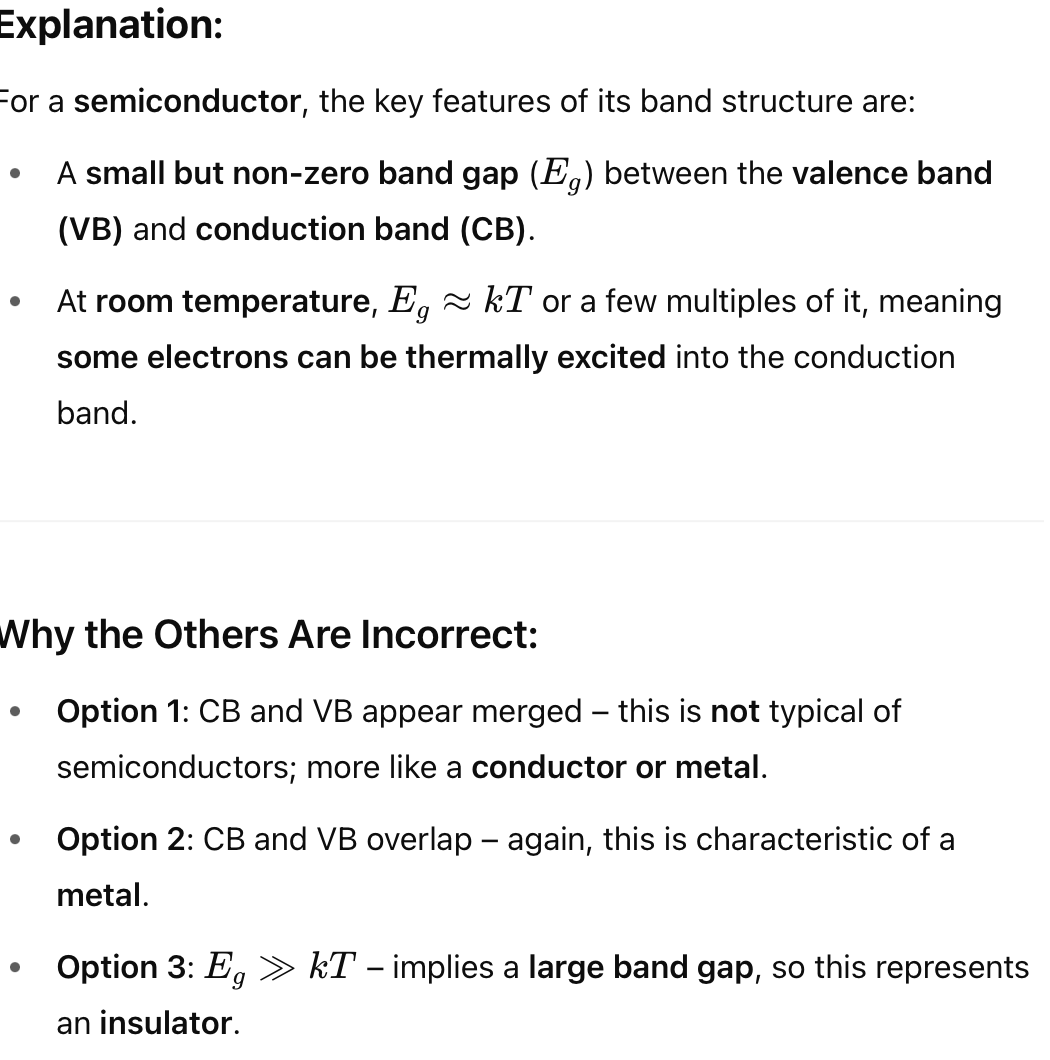<p><strong>Correct answer = 4</strong></p><p><span>Shows a small band gap where Eg​=kT, which matches </span><strong>semiconductor behaviour</strong><span> at room temperature.</span></p>