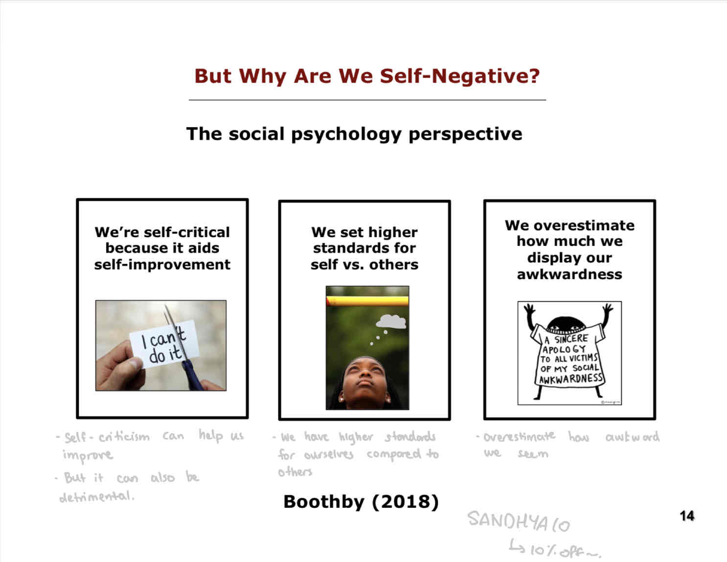 <ul><li><p>We’re self-critical because it aids self-improvement.</p></li><li><p>We set higher standards for ourselves vs others.</p></li><li><p>We overestimate how much we display our awkwardness.</p></li></ul>