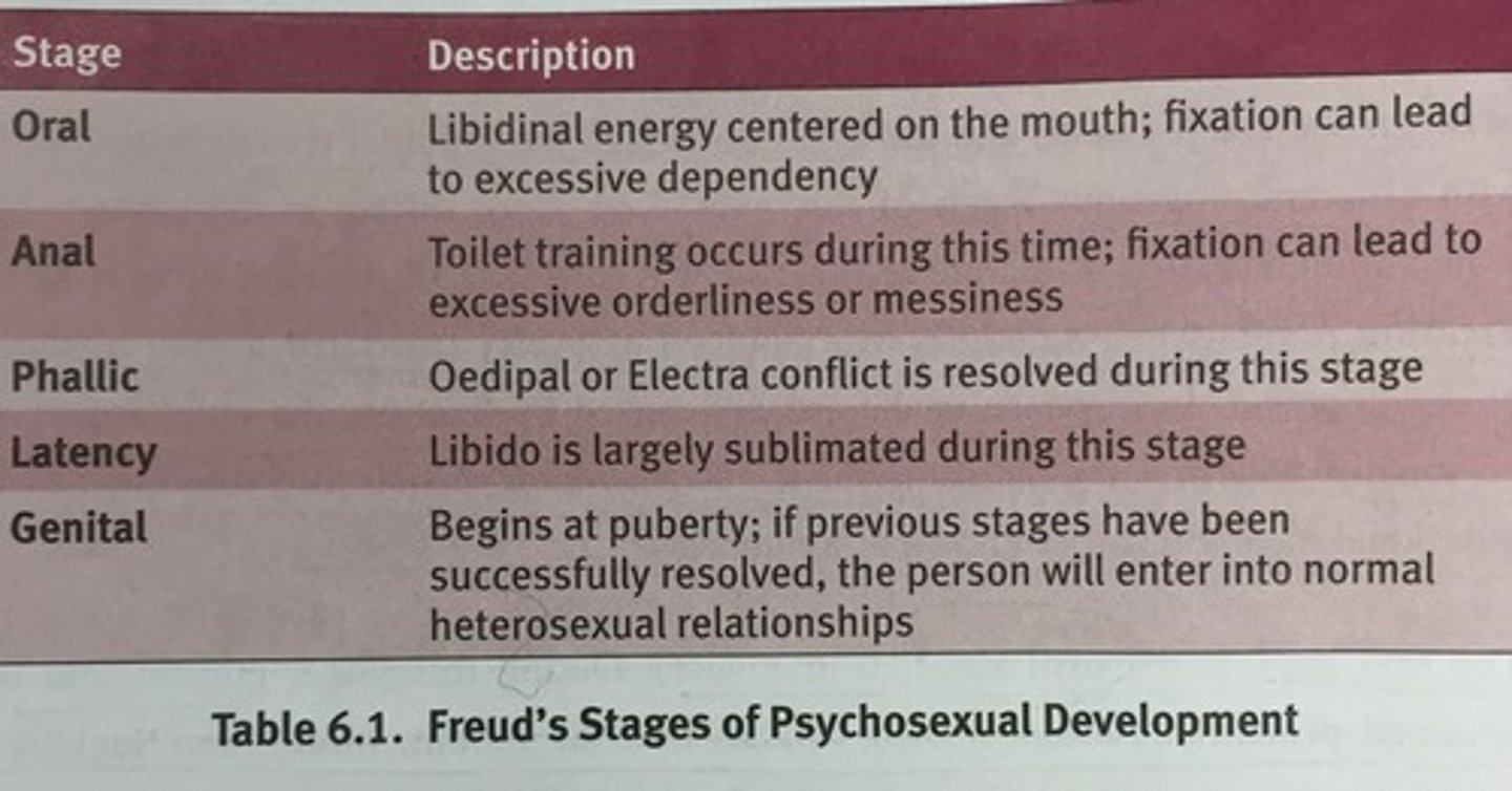 <p>Child seeks sensual pleasure</p><p>1. Oral stage - sucking/chewing</p><p>2. Anal stage - control of elimination</p><p>3. Phallic stage - genitals</p><p>4. Latent stage - sexual interests subside</p><p>5. Genital stage - sexual themes resurface/fuel activities</p>