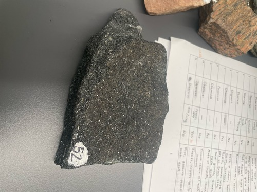 <ul><li><p>black</p></li><li><p>small glitter crystals</p></li><li><p>Coarse grain size</p></li><li><p>Foliated, schistosity </p></li></ul>