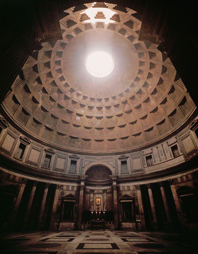 <p>Name - Pantheon Exterior and Interior</p><p>Date - 118-125 CE</p><p>Culture -</p><p>OG Location - Rome, Italy</p><p>Function - Believed to be a temple dedicated to all the gods of Rome</p><p>Patron - Begun by Trajan</p><p>Material - Concrete covered in marble</p><p>Other - Design based on the intersection of two circles, has a coffered ceiling </p>