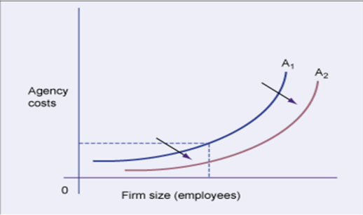 By implementing the use of Information Systems the Agency cost function will move more towards the outside which will lead to cheaper agency costs. 