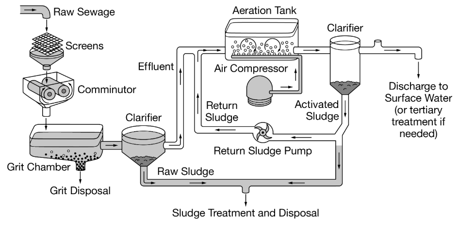 <p>Based on the diagram, what is associated with the primary treatment of sewage?</p>