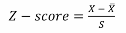 * Any known score (X )can be expressed as a z-score by knowing the mean and standard deviation of the distribution
* X = single raw score (from 1 unit or person)
* X- = sample mean (Average)
* S = sample standard deviation 
* Advantages
  * Assess relative position of each unit in the sample
  * Eliminates unit of measurement
    * Compare between different dependent variables 