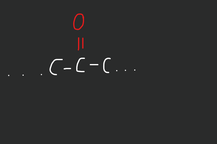 <p>double bond oxygen in the middle of the chain</p>