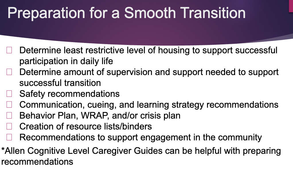 <p>The client/patient should be discharged <strong>to</strong> the home and community, not just from the facility or therapist</p><p>Follow-up and continued support in the community are the keys to ensuring a successful transition</p>