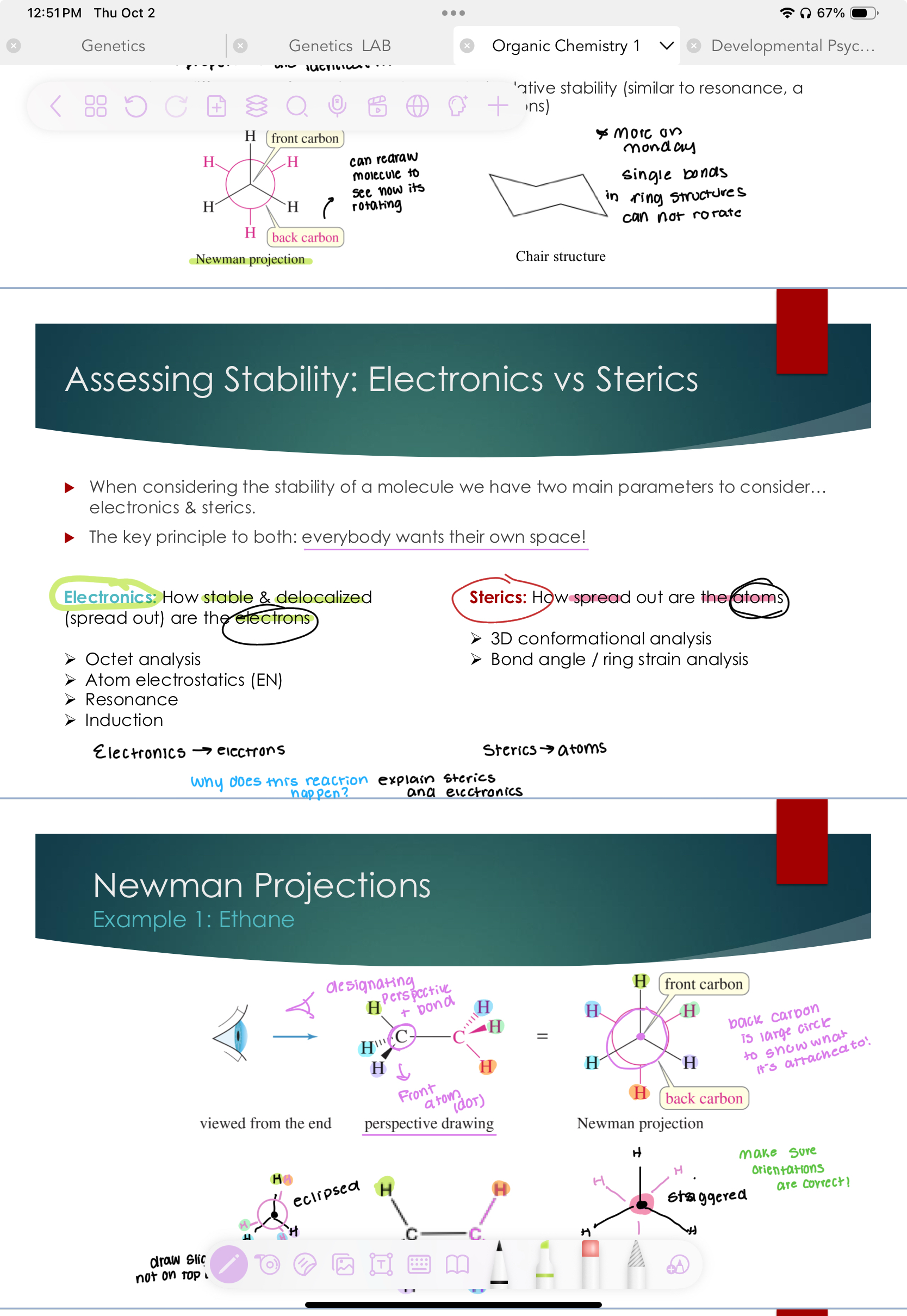 <p>When considering the stability of a molecule we have two main parameters to consider... electronics &amp; steric.</p><p> The key principle to both: <strong>everybody wants their own space!</strong></p><p><strong>Electronics: </strong>How stable &amp; delocalized (spread out) are the electrons</p><p>➢ Octet analysis</p><p>➢ Atom electrostatics (EN)</p><p>➢ Resonance</p><p>➢ Induction</p><p></p><p><strong>Sterics: </strong>How spread out are the atoms</p><p>➢ 3D conformational analysis</p><p>➢ Bond angle / ring strain analysis</p><p></p>