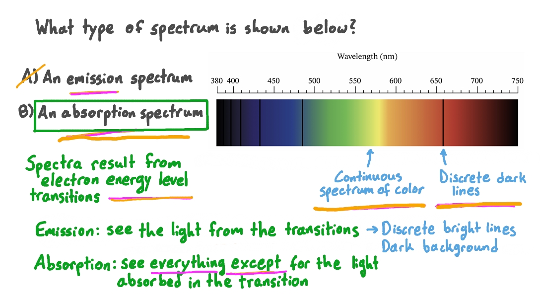 <p>Distinguish between an absorption spectrum of an element and an emission spectrum of an element.</p><p>Include a picture of each.</p><ul><li><p>Absorption spectrum:</p><ul><li><p>Continuous spectrum of light.</p></li></ul></li><li><p>Emission spectrum:</p><ul><li><p>Bright lines dark background.</p></li></ul></li></ul>