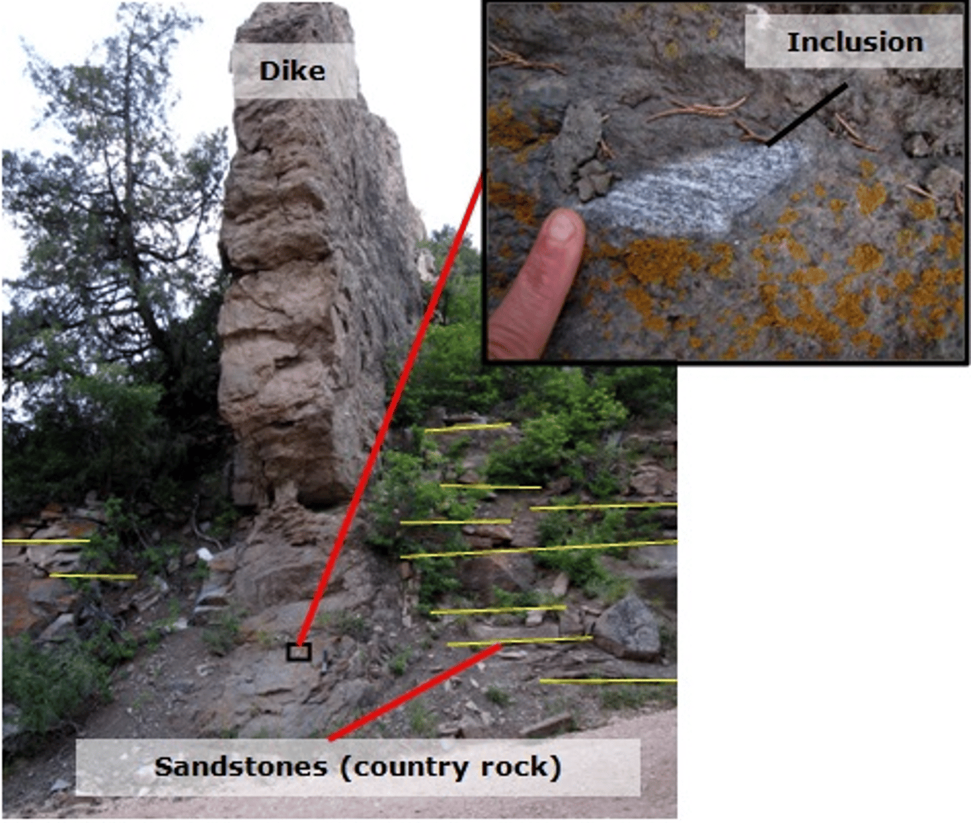 <p>True - The sandstone country rock is older than the dike.</p><p>True - The intrusive igneous rock making up the dike is the youngest in age.</p><p>False - The dike is older than the inclusion.</p><p>Not Enough Information to Tell - The inclusion is older than the sandstone country rock.</p>