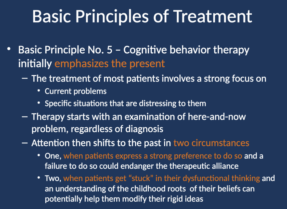 <p>CBT initially <strong>emphasizes the present.</strong></p>