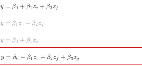 <p>We are asked to construct a multiple linear regression model to predict the average number of rebounds for basketball players based on their position. In this case, position is a categorical predictor that consists of three levels: center, forward, and guard. Let represent y the number of rebounds and zc, zf, zg be binary variables that are equal to 1 if a player is a center, forward, or guard, respectively. Which of the following is the appropriate model for this scenario?</p>