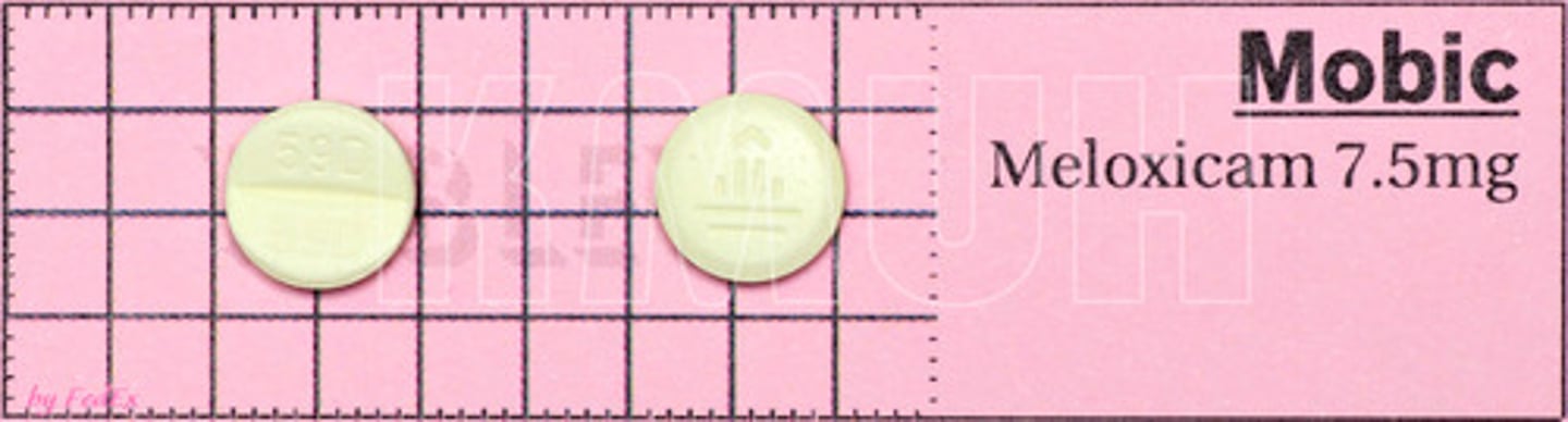 <p>Brand: Mobic</p><p>Class: NSAID</p><p>Drug Interactions:</p><p>1) Can lead to higher Lithium Levels</p><p>2) Can lead to higher Methotrexate Levels</p><p>Interaction: Increased Risk of Bleeding with Coumadin</p><p>Indication: Pain/Inflammation Relief</p><p>Schedule: NCLM</p>