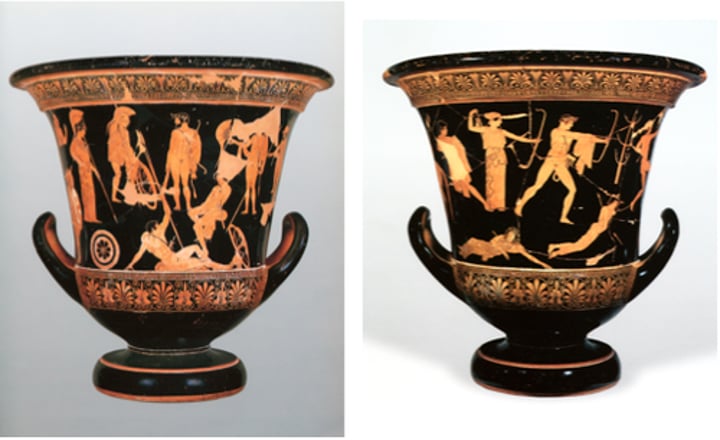 <p>Period: Classical c.460-450 B.C.E.</p><p>Form: Black-figure vase</p><p>Function: Funerary, narrative</p><p>Content: Severe style is shown in serious faces. Niobe's kids are killed.</p>