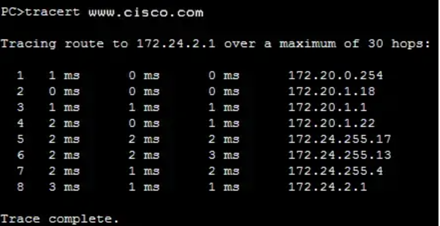 \
**Refer to the exhibit. A user PC has successfully transmitted packets to www.cisco.com. Which IP address does the user PC target in order to forward its data off the local network?**

\
172\.24.255.17

172\.24.1.22

172\.20.0.254

172\.24.255.4

172\.20.1.18