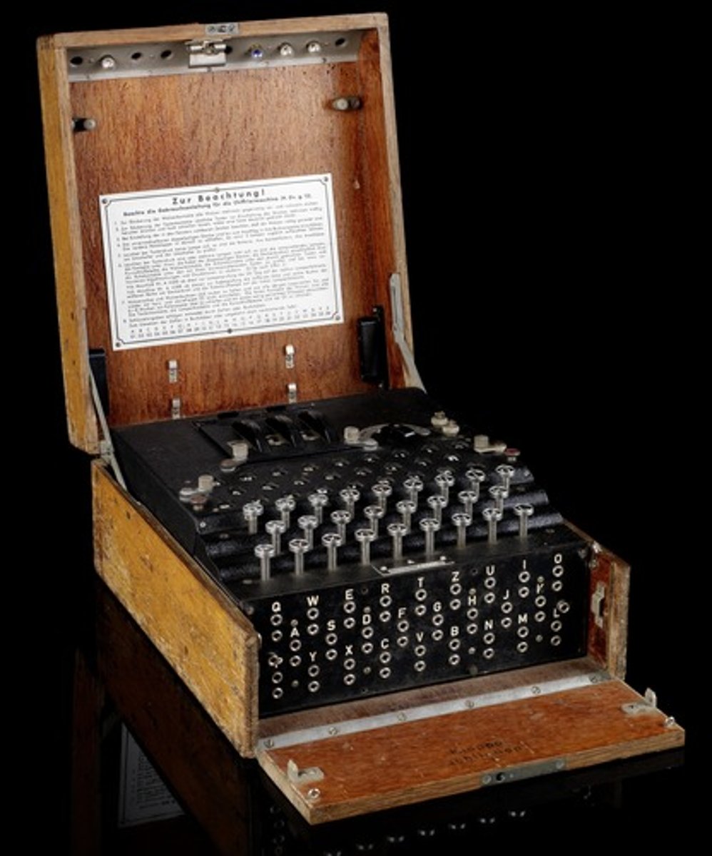 <p>intricate cryptographic machine created by Arthur Scherbius in 1923. For two Enigma machines to communicate they need to have same configuration. Enigma machine made it difficult for attempting to break messages generated by it.</p>