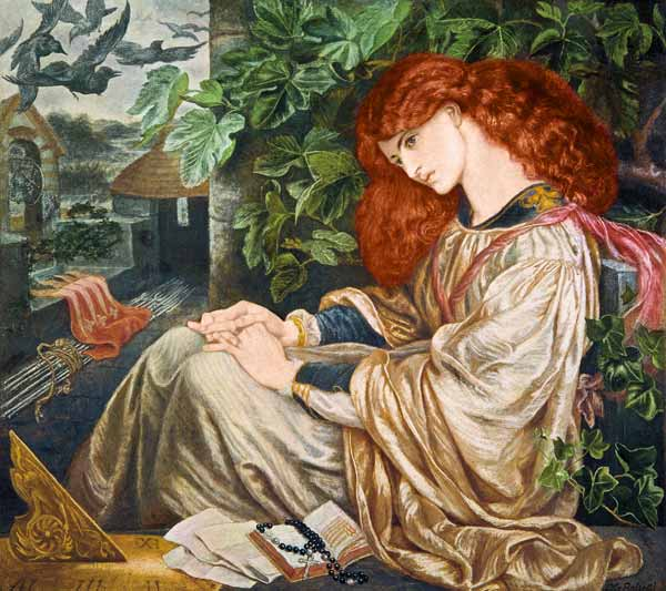 <p>Pre-Raphaelite painting. Reference to Dante’s divine comedy. La Pia wrongfully accused by her husband of adultery and is locked away. Dying from melancholy. Fiddling with wedding ring. Ravens, sun dial, fig leaves (lust and sin) and evergreen ivy (enduring love)</p>