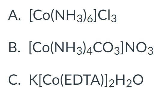 A student used an ion exchange resin with an SO3^-1 group.

A mixture of three transitional metal complexes (see picture) was eluted through the column.

Which order will these compounds elute from the column?
