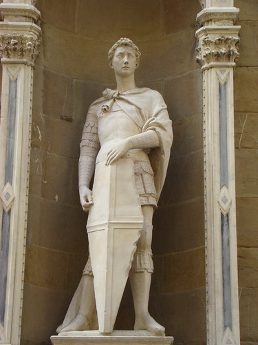 <p>Donatello, 1415-16 AD</p><p>in Florence, Italy, sculpture AND mannequin for the armory guild, stands contrapposto, leans forward in anticipation of the dragon, intended to convey the soul/character of a hero not just the bodily look</p>