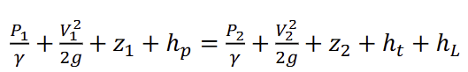 <p>Which of the following conditions must apply when using this form of the Energy Equation?</p><p>a) steady flow, (b) incompressible fluid, (c) inviscid flow, (d) 1&amp;2 along streamline, (e) none of these</p>