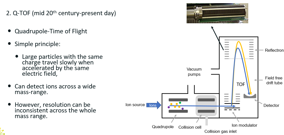 <p>Q-TOF: quadrupole + Time-Of-Flight</p><p>How does it work?</p><ul><li><p class=""><strong>Quadrupole</strong>: Selects <strong>precursor ion</strong></p></li><li><p class="">Collision cell fragments precursor ion</p></li><li><p class=""><strong>TOF</strong>: accelerates the fragments and measures the time it take for them to reach the detector. Acceleration of the fragments will depend on their m/z.</p></li></ul><p class="">Can detect ions across a wide mass-range, but the resolution can be inconsistent across the whole mass range.</p><p></p>