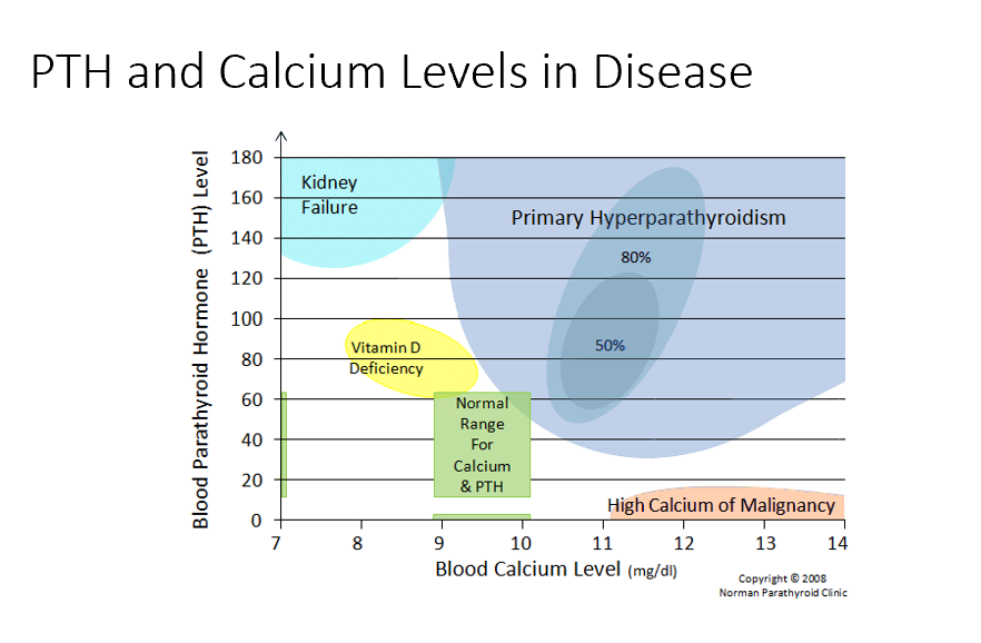 <p><strong>Low blood Ca</strong></p><p><strong>High PTH</strong></p><p>Issues with resorption, filtration, and excretion. <strong>Mainly no activation of Vit D! Causes low Ca, in response PTH rises!</strong></p>