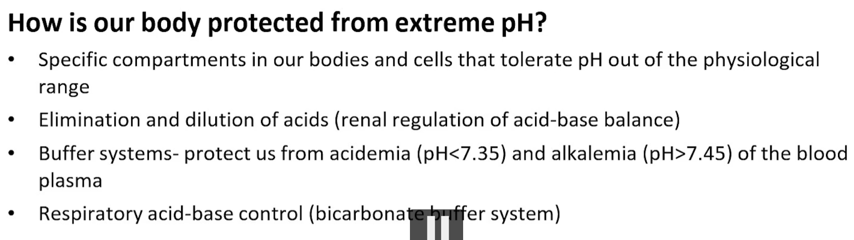 <p>to survive, blood pH must remain tightly regulated between 7.35 and 7.45</p><p>compartmentalization, such as what you see in the stomach and lysosomes, where you have a low pH</p><p>excretion, as you see in the kidneys, is when we can eliminate excess protons by producing ammonia</p><p>buffering systems such as the bicarbonate system</p><p>respiratory compensation by adjusting co2 levels in the lungs. </p><p></p>