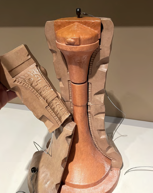 <p>make model out of clay with decorations/ribs</p><p>turn upside down, place diff pieces of clay around vessel, forming the mold</p><p>fry mold in Kelm</p><p>core was placed in the middle to leave it hollow</p><p>space was left between core and mold where the bronze would fill</p><p>break mold and reveal artwork</p><p>polish and finishing details</p><p></p>