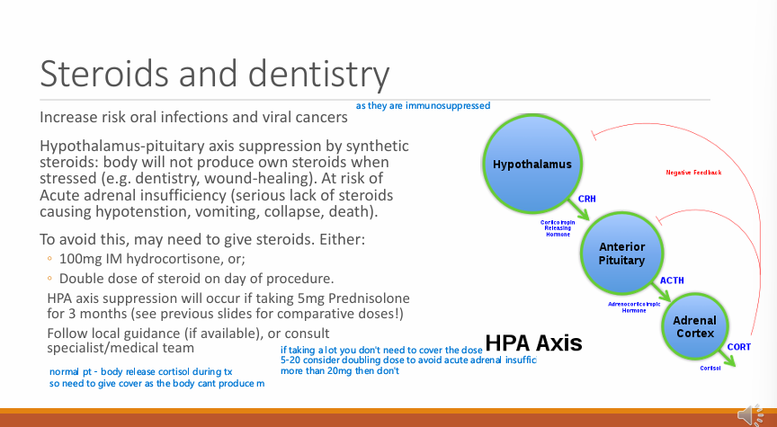 <ul><li><p>5 mg Prednisolone for 3 months - (if taking other consider the comparative dose)</p></li><li><p>Follow local guidance if available or consult specialist/medical team</p></li><li><p>(5-20 mg then consider doubling the dose, anything more than 20mg doesn’t need cover)</p></li></ul><p></p>