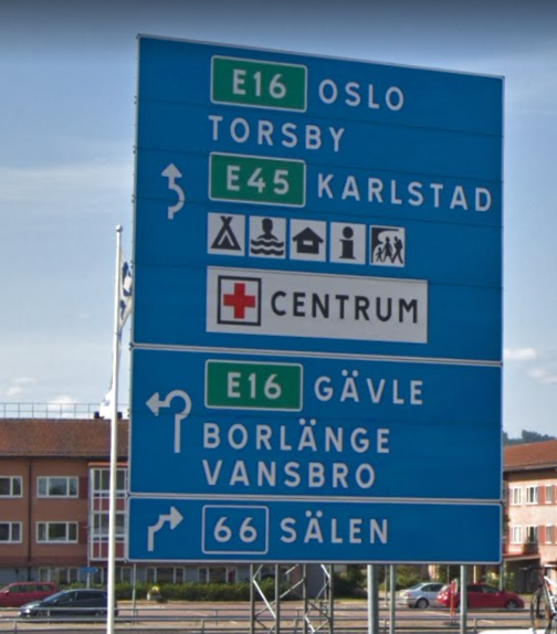 <p>Blue directional sign unique to this Nordic country.</p>