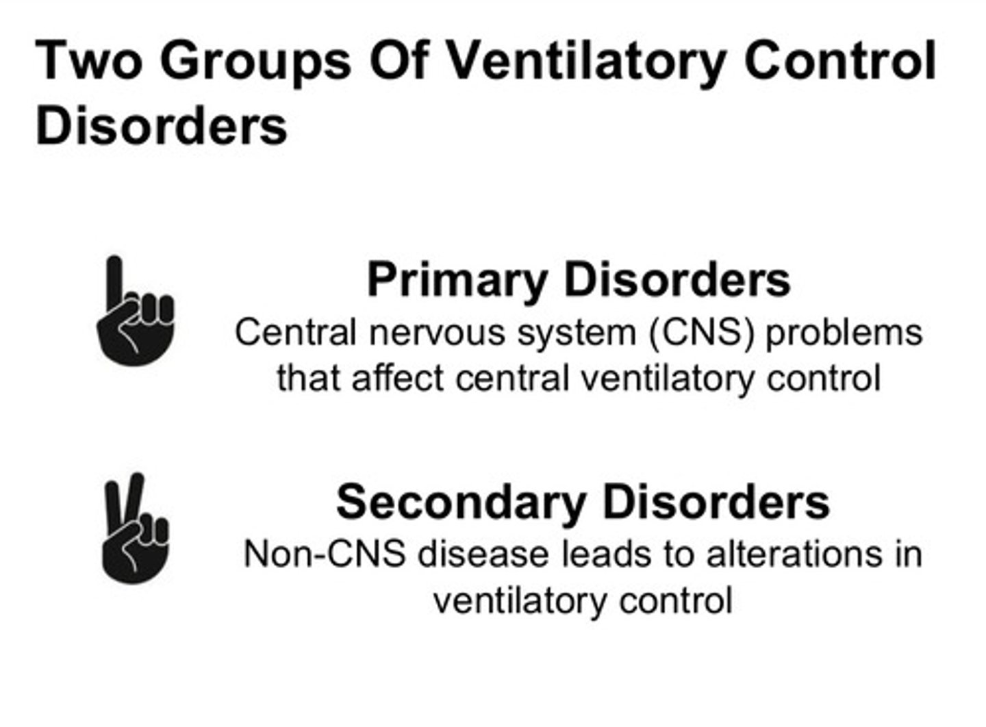 <p>1) primary ventilatory disorders: problem in the brain itself</p><p>2) secondary ventilatory disorders: problems that lead to a change in how the control centers work</p>