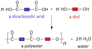 <ul><li><p>The carboxyl groups of dicarboxylic acid can react with the -OH groups of diols to form ester links.</p></li></ul><ul><li><p>A water molecule is lost each time an ester link is formed. Therefore, this is a condensation reaction.</p></li></ul><p></p>