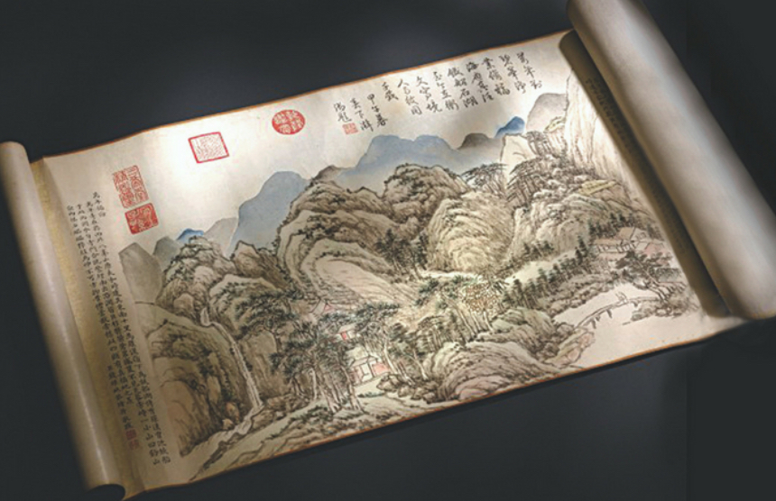 <p>In East Asian art, a long, narrow, horizontally oriented painting on paper or silk. Handscrolls are stored wrapped around wooden dowels and are unrolled or viewing </p>