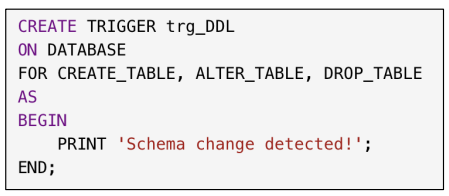 <p>Fire in response to <mark data-color="yellow">changes to database schema</mark> (CREATE, ALTER, DROP).</p>