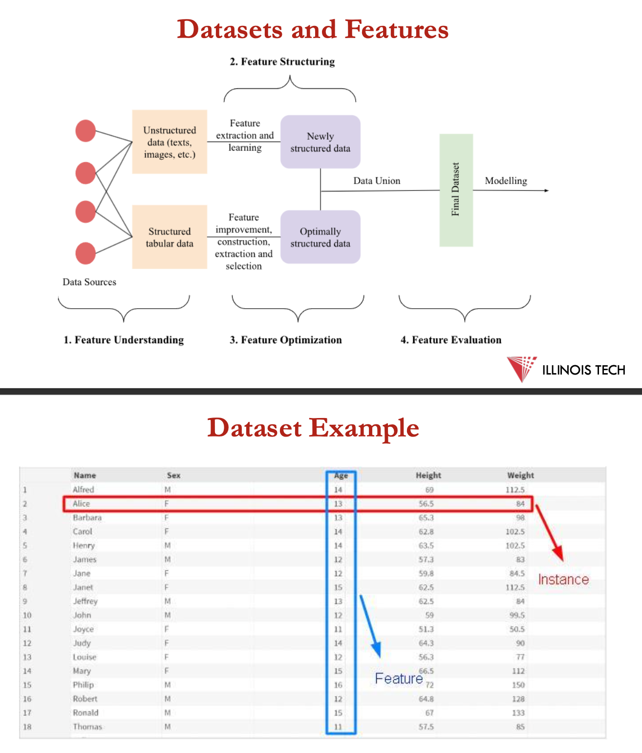 <p>data sets + features</p>