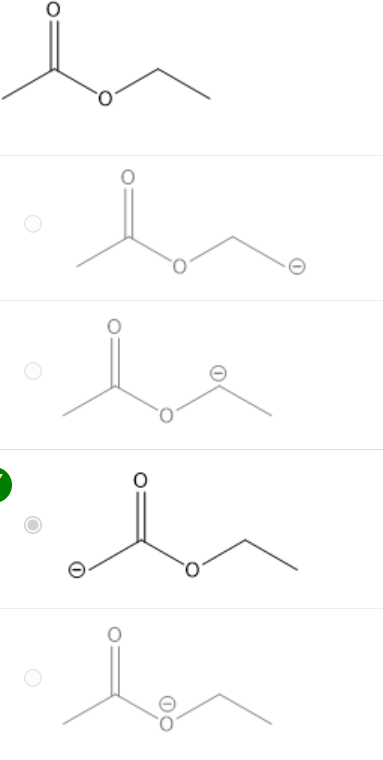 <p><span>Think about the most acidic H of ethyl acetate (shown below). What is its most stable conjugate base?</span></p>