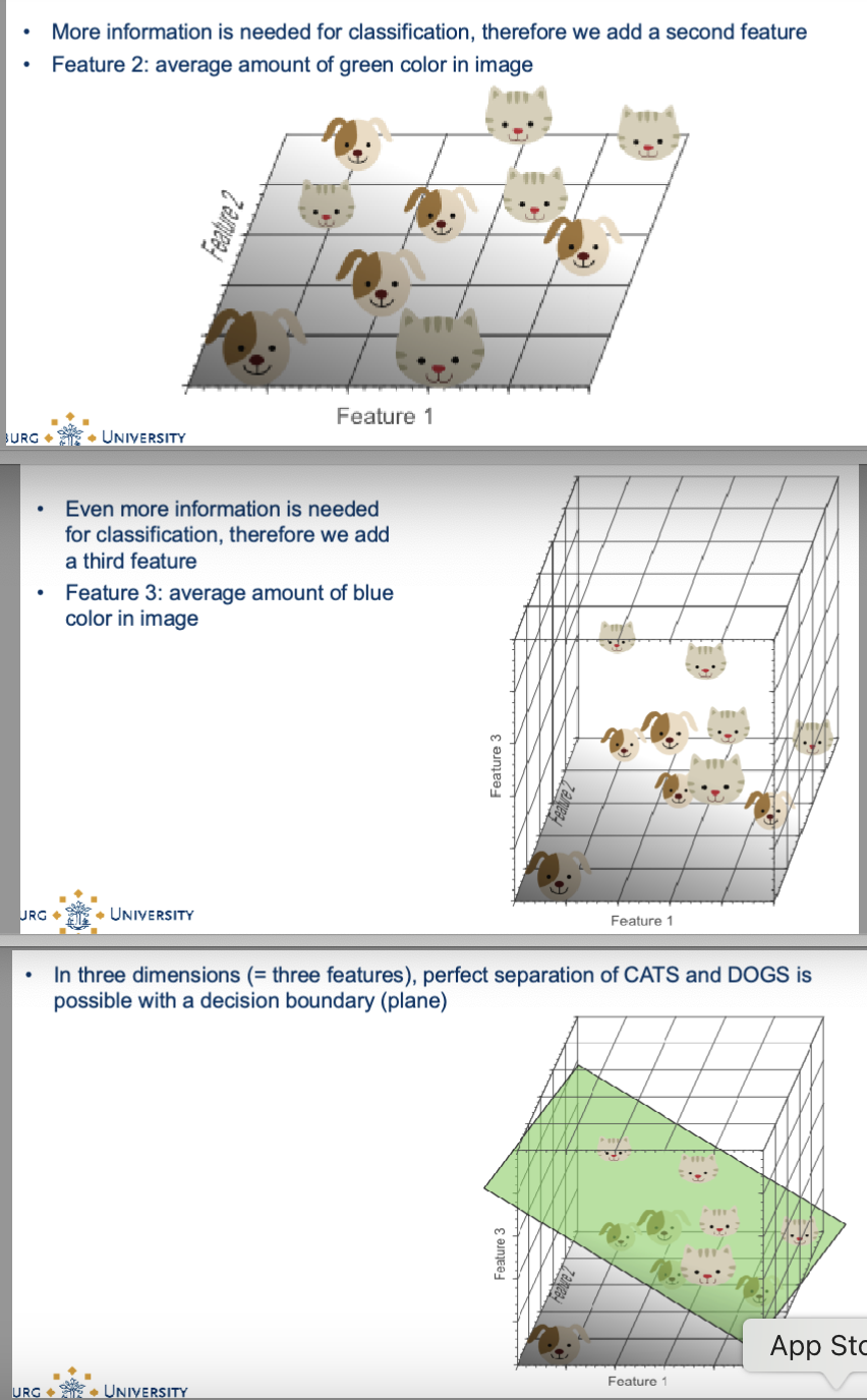 <p><u>Slide 1:</u></p><ul><li><p>More information is needed for classification, therefore we add a second feature </p></li></ul><ul><li><p>Feature 2: average amount of green color in image</p></li></ul><p></p><p><u>Slide 2:</u></p><ul><li><p>Even more information is needed for classification, therefore we add a third feature </p></li><li><p>Feature 3: average amount of blue color in image</p></li></ul><p></p><p><u>Slide 3:</u></p><ul><li><p>In three dimensions (= three features), perfect separation of CATS and DOGS is possible with a decision boundary (plane)</p></li></ul><p></p>