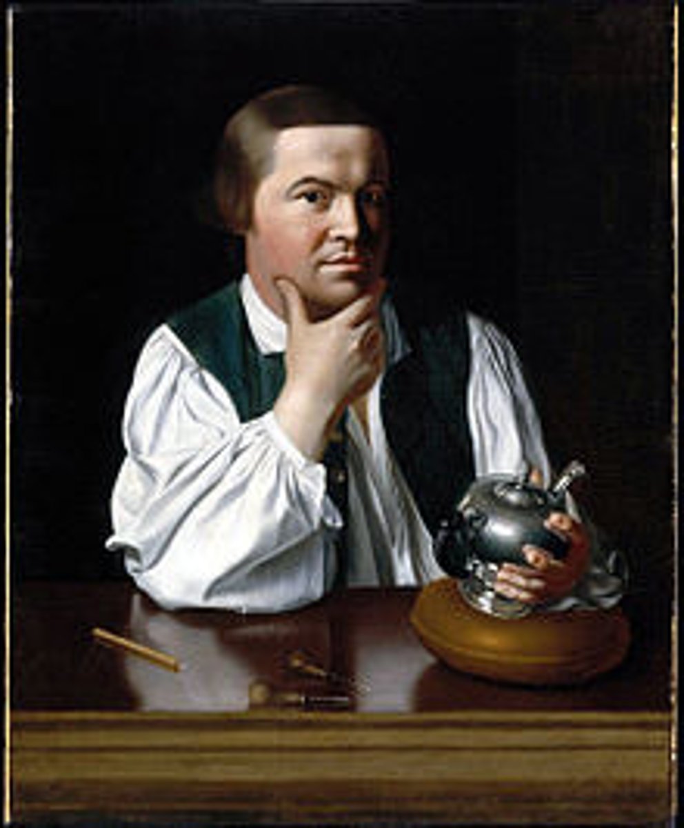 <p>American silversmith remembered for his midnight ride (celebrated in a poem by Longfellow) to warn the colonists in Lexington and Concord that British troops were coming (1735-1818)</p>
