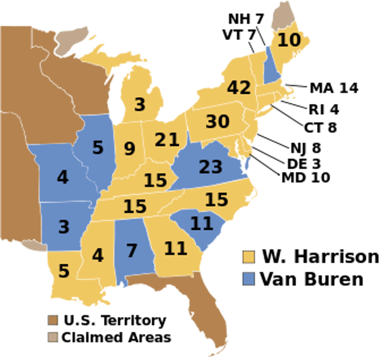 <p>William Henry Harrison (Whig) vs. Martin Van Buren (Democrat); result: Whig victory &amp; a truly national two-party system.</p>