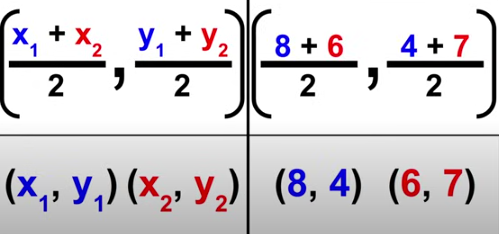 <p>midpoint = (((x1+x2)/2), ((y1+y2)/2))</p>